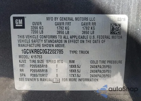 2016 Chevrolet Silverado 1500 1Lt из США, поврежденный, VIN 1GCVKREC0GZ202785